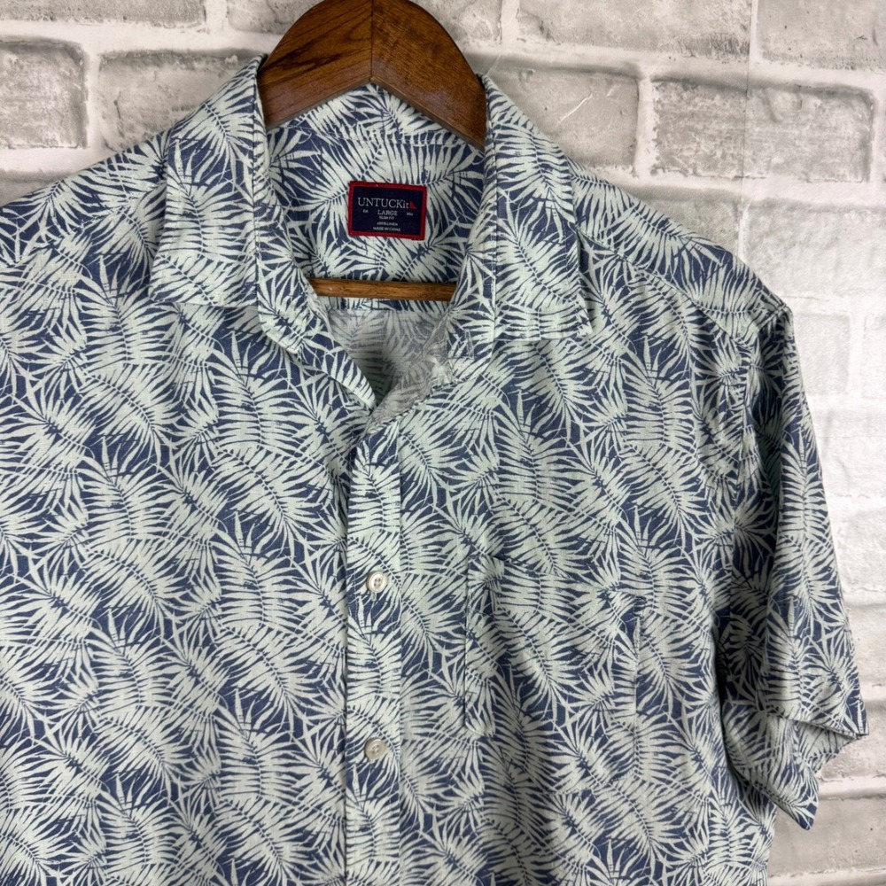 UNTUCKit Driscoll-SS Blue White Palm Leaf 100% Linen Slim Fit Shirt Large 41508